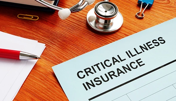 Critical illness insurance policy document with stethoscope and pen, representing financial protection against serious health conditions in San Marcos, TX.